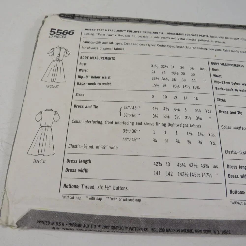 Simplicity 5566 clothing pattern Dress Bow Blouse Hand Tie size 8-10